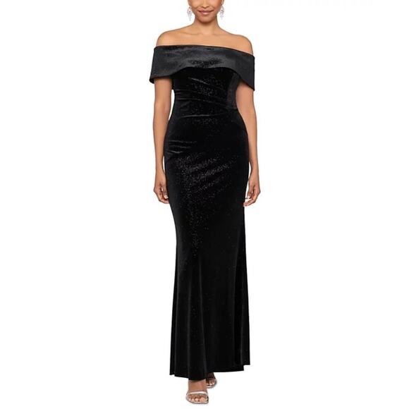 XSCAPE Women's Off-the-Shoulder Velvet Glitter Maxi Dress Black Size 10 NWT